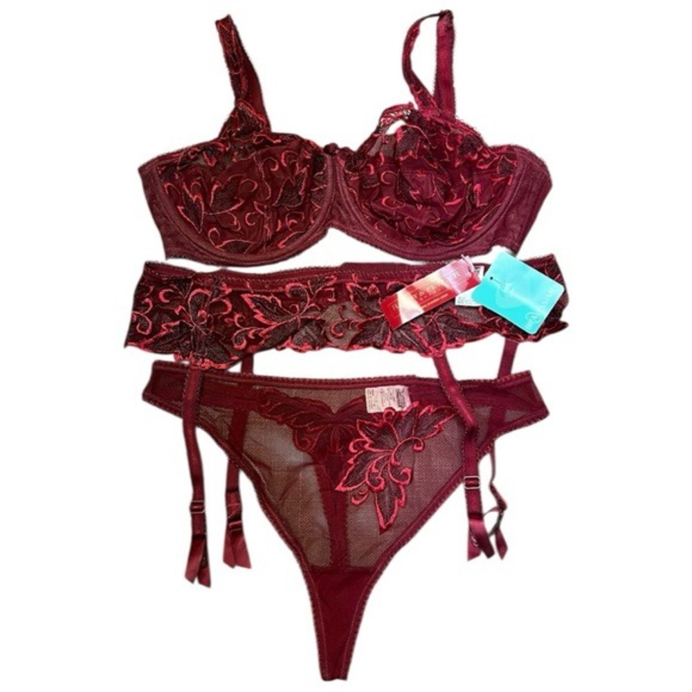Rigby & Peller Rouge Lingerie Set 38DD XL‎ Red Bra Garter Thong New